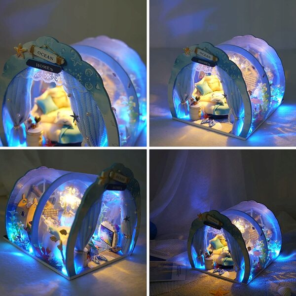 Casa delle bambole marina DIY con illuminazione LED in legno alta 30 cm