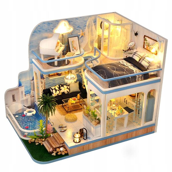3D-Puzzle-Puppenhaus aus Holz mit LED und DIY-Miniaturmöbeln