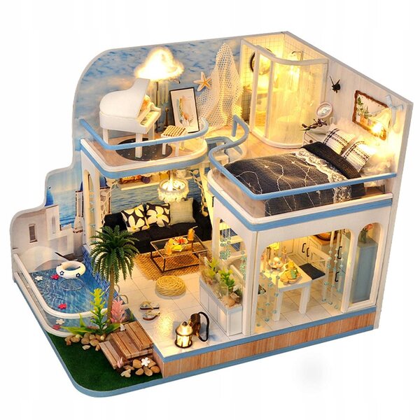 3D-Puzzle-Puppenhaus aus Holz mit LED und DIY-Miniaturmöbeln