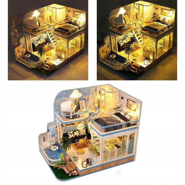 3D-Puzzle-Puppenhaus aus Holz mit LED und DIY-Miniaturmöbeln