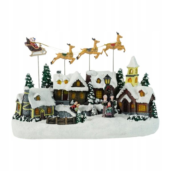 Figurina Xmas Snow Village con luci LED e musica per decorazioni natalizie