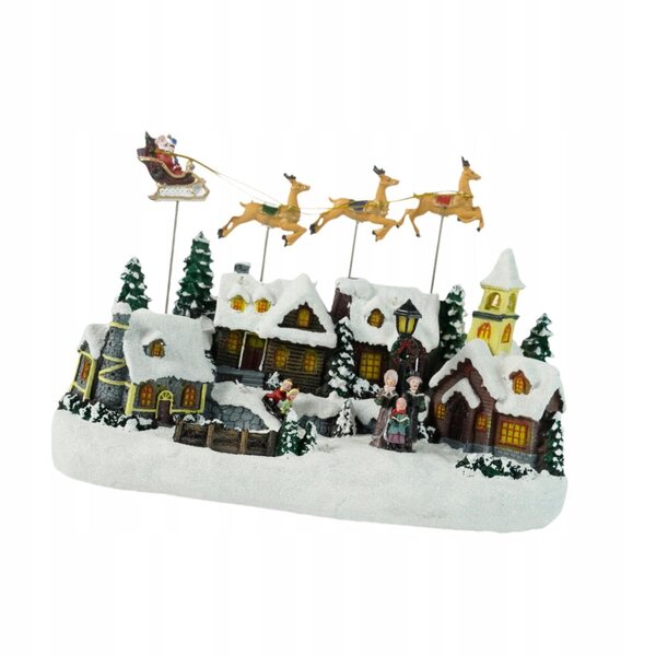 Figurina Xmas Snow Village con luci LED e musica per decorazioni natalizie