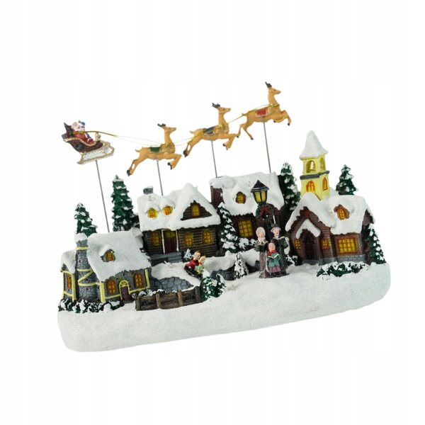 Figurina Xmas Snow Village con luci LED e musica per decorazioni natalizie