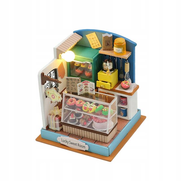 DIY-Puppenhaus-Miniatur mit LED-Lichtern und Holzmöbeln, 7,5 x 7,5 x 8,5 cm
