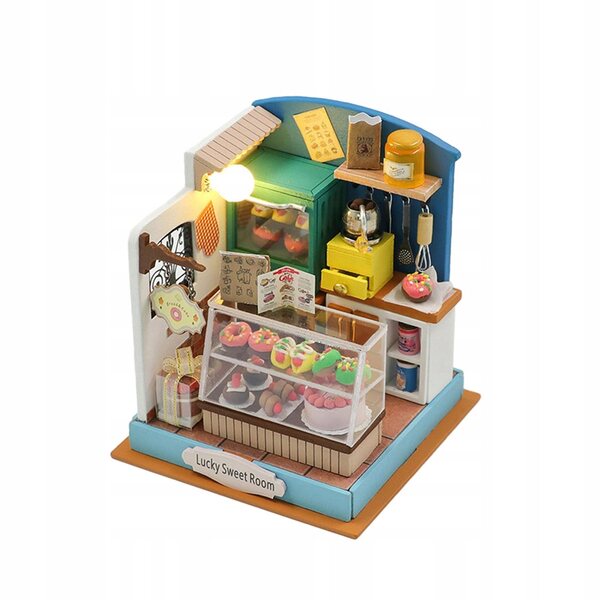 DIY-Puppenhaus-Miniatur mit LED-Lichtern und Holzmöbeln, 7,5 x 7,5 x 8,5 cm