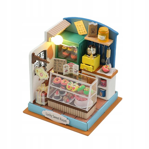 DIY-Puppenhaus-Miniatur mit LED-Lichtern und Holzmöbeln, 7,5 x 7,5 x 8,5 cm