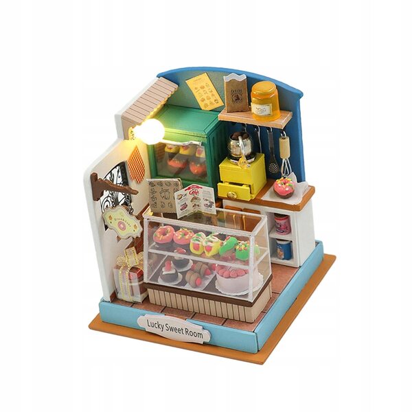 DIY-Puppenhaus-Miniatur mit LED-Lichtern und Holzmöbeln, 7,5 x 7,5 x 8,5 cm