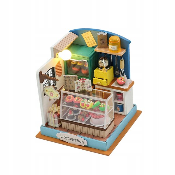 DIY-Puppenhaus-Miniatur mit LED-Lichtern und Holzmöbeln, 7,5 x 7,5 x 8,5 cm