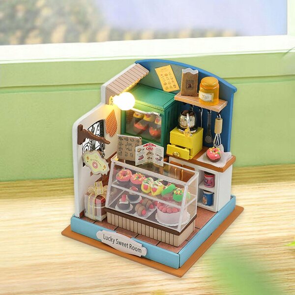 DIY-Puppenhaus-Miniatur mit LED-Lichtern und Holzmöbeln, 7,5 x 7,5 x 8,5 cm