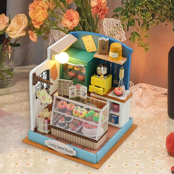 DIY-Puppenhaus-Miniatur mit LED-Lichtern und Holzmöbeln, 7,5 x 7,5 x 8,5 cm