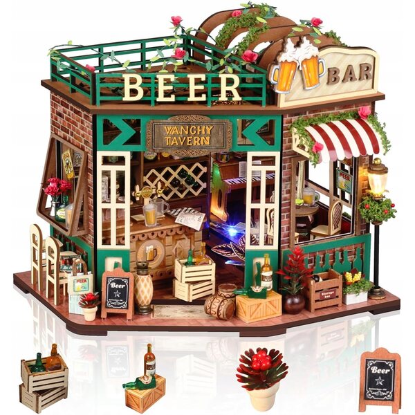 Miniatura Beer Bar con LED da assemblare - Casa delle bambole in legno completa