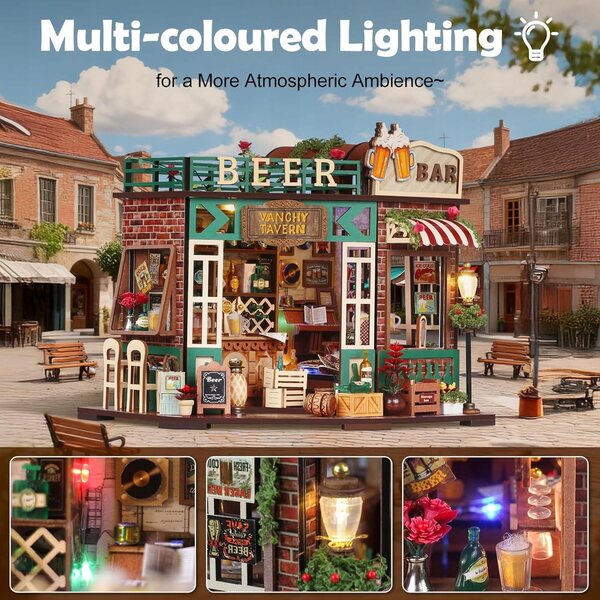 Miniatura Beer Bar con LED da assemblare - Casa delle bambole in legno completa