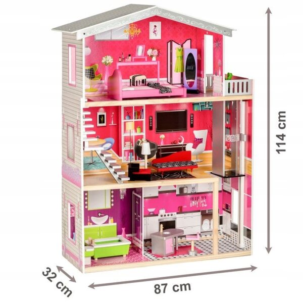 Casa delle bambole in legno 115 cm XXL con ascensore e mobili, bambola inclusa