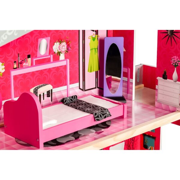Casa delle bambole in legno 115 cm XXL con ascensore e mobili, bambola inclusa