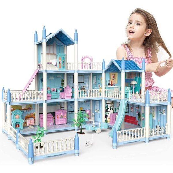 3-stöckiges Puppenhaus mit DIY-Möbeln und Zubehör von deAO für Kinder ab 3 Jahren