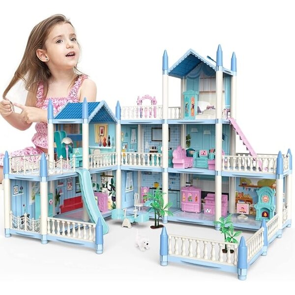 3-stöckiges Puppenhaus mit DIY-Möbeln und Zubehör von deAO für Kinder ab 3 Jahren