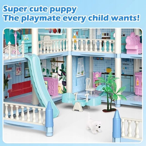 3-stöckiges Puppenhaus mit DIY-Möbeln und Zubehör von deAO für Kinder ab 3 Jahren