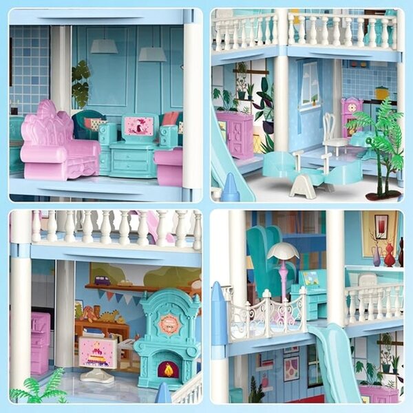 3-stöckiges Puppenhaus mit DIY-Möbeln und Zubehör von deAO für Kinder ab 3 Jahren