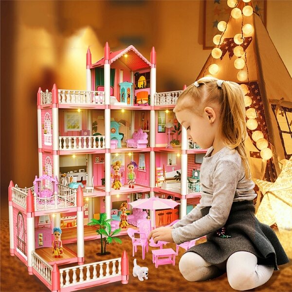 Grande casa delle bambole DIY 61x48x61 cm con illuminazione LED per bambini