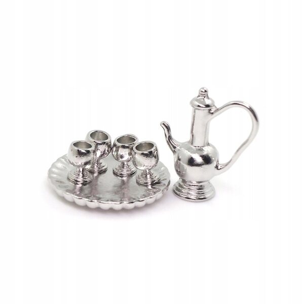 Set di 6 set di tazze e vassoi in miniatura per casa delle bambole 1:12 in Metallo