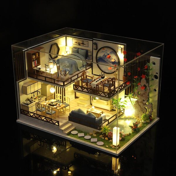 3D-Puppenhaus aus Holz mit Möbeln und DIY-LED-Lichtern
