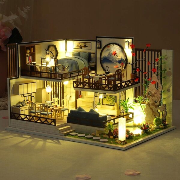 3D-Puppenhaus aus Holz mit Möbeln und DIY-LED-Lichtern