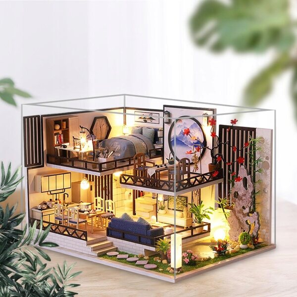 3D-Puppenhaus aus Holz mit Möbeln und DIY-LED-Lichtern