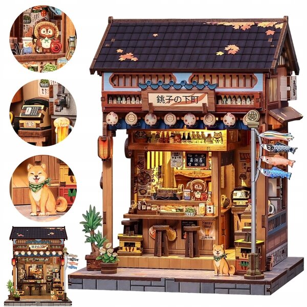 3D-Modell aus japanischem Izakaya aus Holz mit dekorativen LEDs, braun
