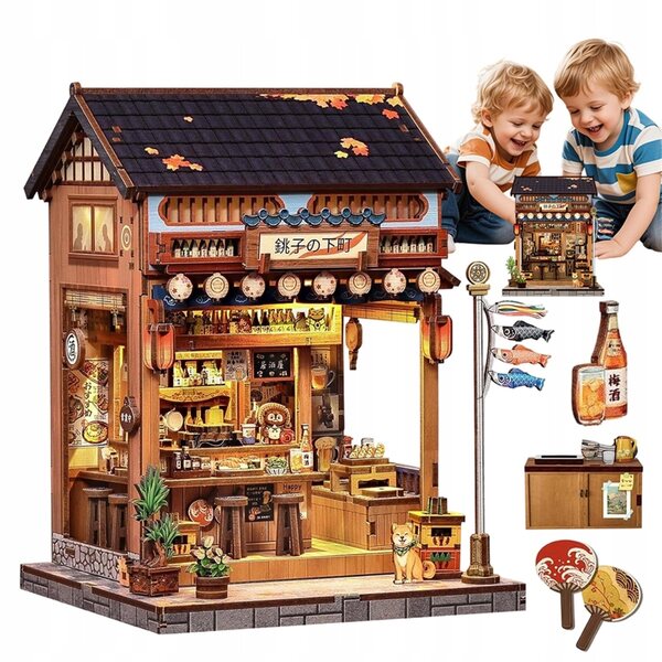 3D-Modell aus japanischem Izakaya aus Holz mit dekorativen LEDs, braun