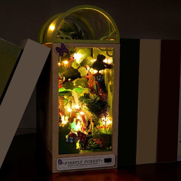 3D-Miniatur-Glühwürmchen-Wald-Puzzle mit LED-Lichtern und Buchständern aus Holz
