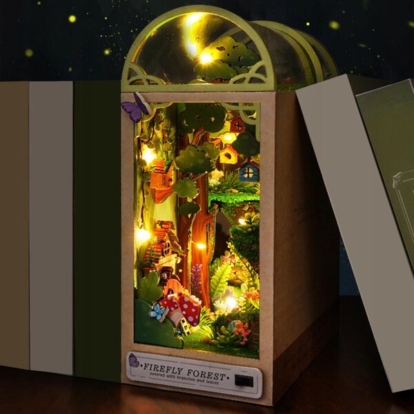 3D-Miniatur-Glühwürmchen-Wald-Puzzle mit LED-Lichtern und Buchständern aus Holz