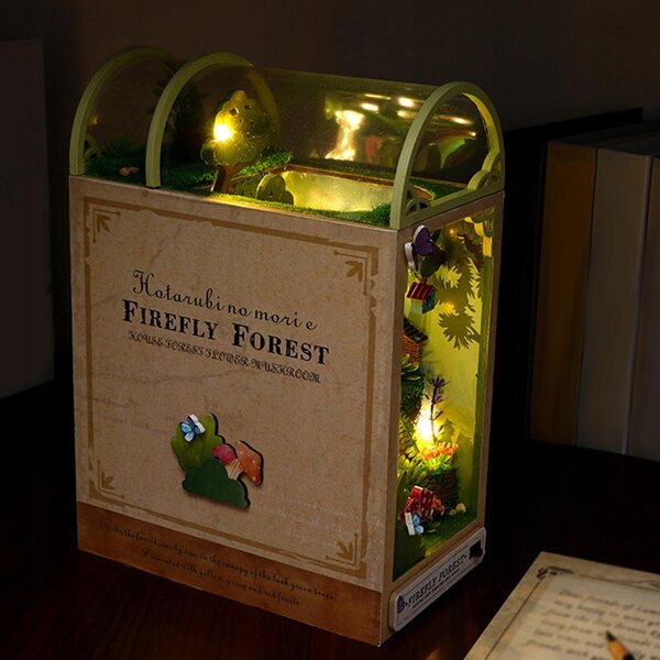 3D-Miniatur-Glühwürmchen-Wald-Puzzle mit LED-Lichtern und Buchständern aus Holz