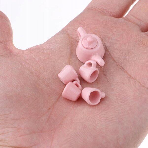 5-teiliges Porzellanset für Puppenhäuser im Maßstab 1:12, rosa Teeservice