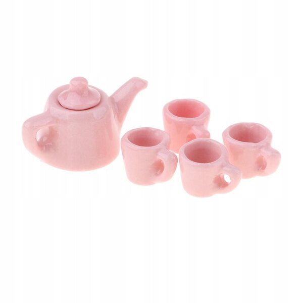 5-teiliges Porzellanset für Puppenhäuser im Maßstab 1:12, rosa Teeservice