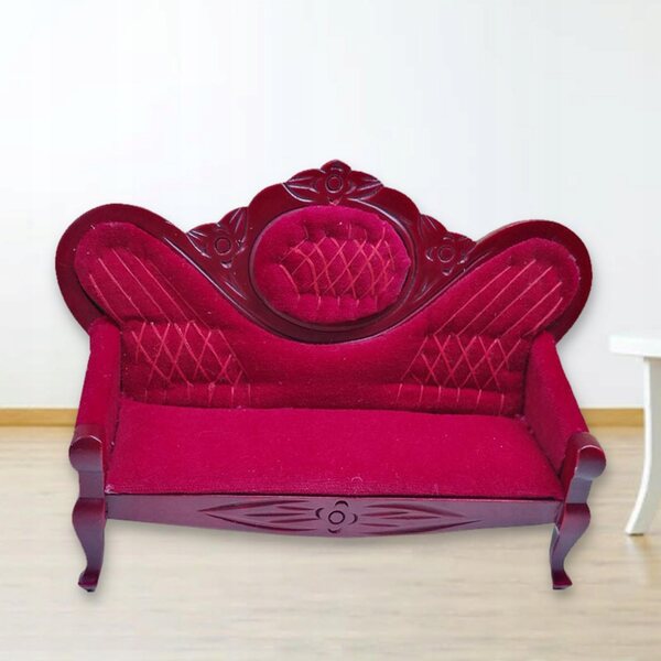 Mini sofa in legno e velluto per casa delle bambole 1:12, design elegante e vintage