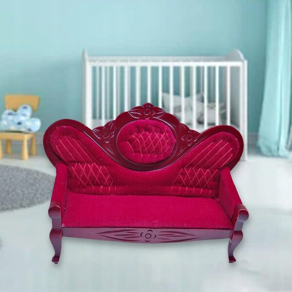 Mini sofa in legno e velluto per casa delle bambole 1:12, design elegante e vintage