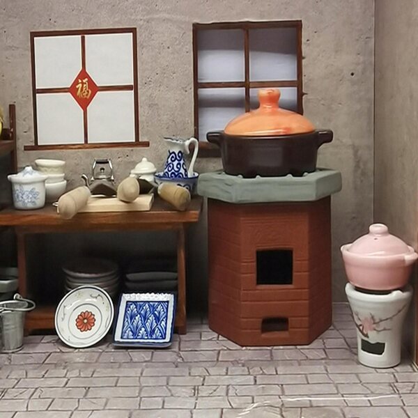 Miniatura cucina per casa delle bambole con piastra in ceramica e mobili decorativi