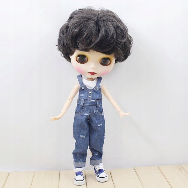Jeans strappati con bretelle e top in cotone per bambole 12 pollici Blythe