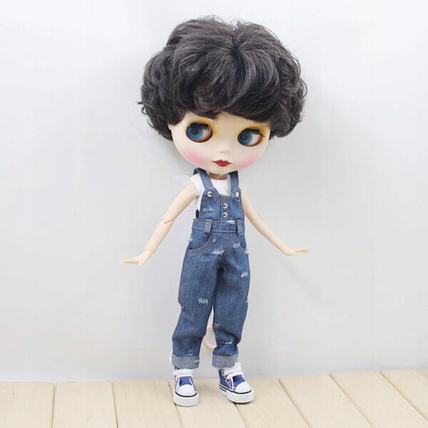 Jeans strappati con bretelle e top in cotone per bambole 12 pollici Blythe