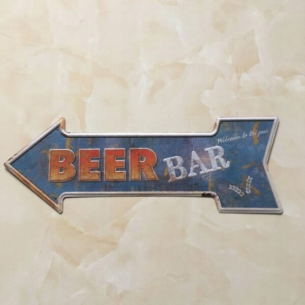 Insegna vintage in ferro con freccia per decorazioni bar e pub 45x16 cm