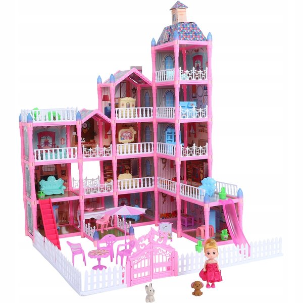 Ein Puppenhaus, ein rosa Prinzessinnenschloss mit Möbeln, ein kreatives Lernspielzeug