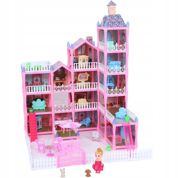 Ein Puppenhaus, ein rosa Prinzessinnenschloss mit Möbeln, ein kreatives Lernspielzeug