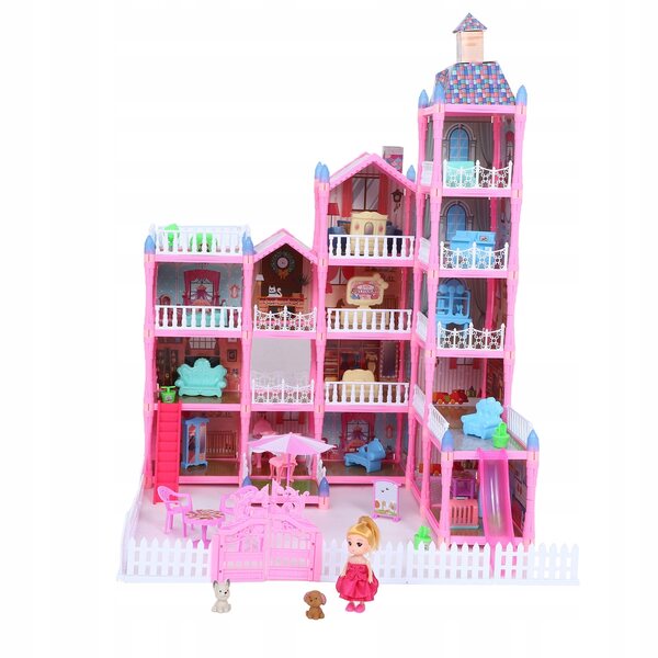 Ein Puppenhaus, ein rosa Prinzessinnenschloss mit Möbeln, ein kreatives Lernspielzeug