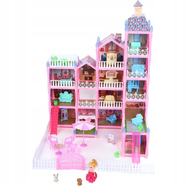 Ein Puppenhaus, ein rosa Prinzessinnenschloss mit Möbeln, ein kreatives Lernspielzeug