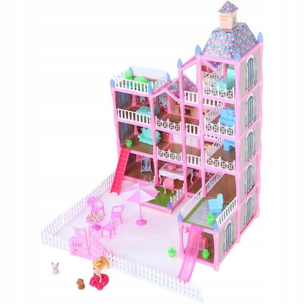 Ein Puppenhaus, ein rosa Prinzessinnenschloss mit Möbeln, ein kreatives Lernspielzeug