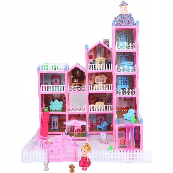 Ein Puppenhaus, ein rosa Prinzessinnenschloss mit Möbeln, ein kreatives Lernspielzeug
