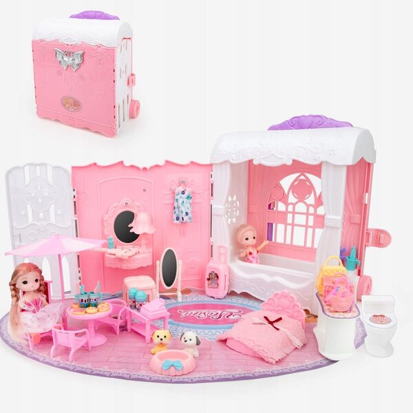 Cottage per bambole portatile rosa con 34 accessori e mobili inclusi