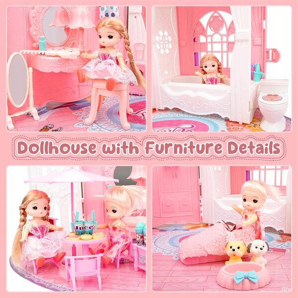 Cottage per bambole portatile rosa con 34 accessori e mobili inclusi
