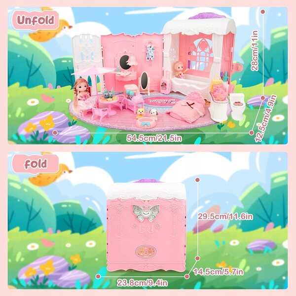 Cottage per bambole portatile rosa con 34 accessori e mobili inclusi