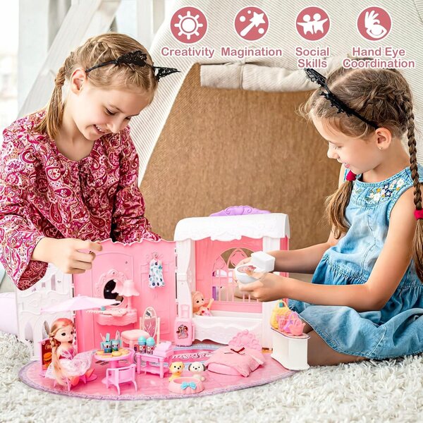 Cottage per bambole portatile rosa con 34 accessori e mobili inclusi